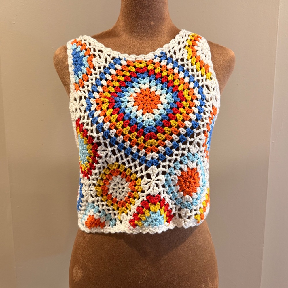 Altar'd State Crochet Granny Square Crop Top Small Festival Boho Tank Colorful